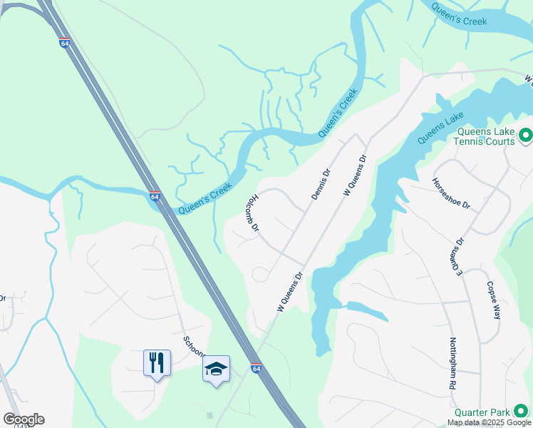 map of restaurants, bars, coffee shops, grocery stores, and more near 106 Old Glory Court in Williamsburg