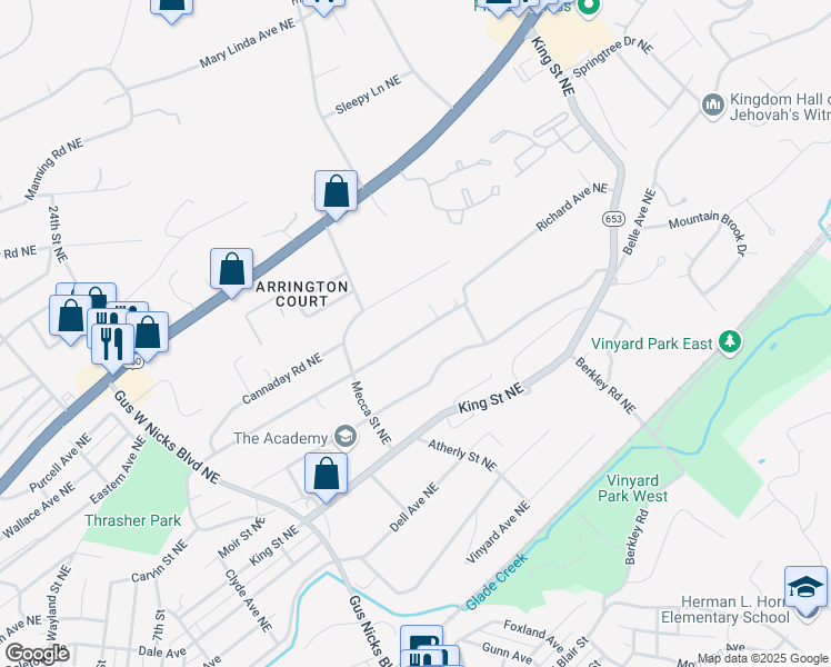 map of restaurants, bars, coffee shops, grocery stores, and more near 2937 Richard Avenue Northeast in Roanoke