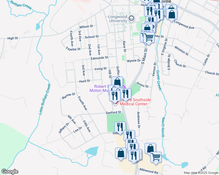 map of restaurants, bars, coffee shops, grocery stores, and more near 815 Hill Street in Farmville