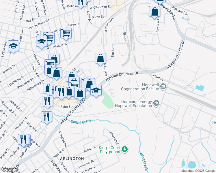 map of restaurants, bars, coffee shops, grocery stores, and more near 600 Winston Churchill Drive in Hopewell