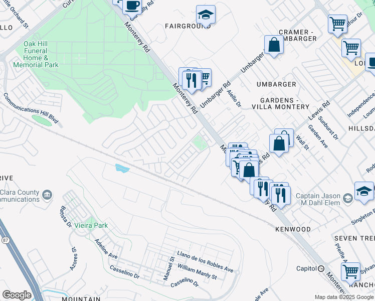 map of restaurants, bars, coffee shops, grocery stores, and more near 61 Montecito Vista Drive in San Jose