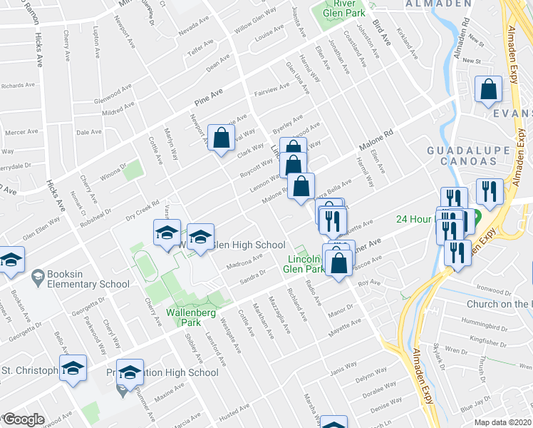 map of restaurants, bars, coffee shops, grocery stores, and more near 2101 Radio Avenue in San Jose
