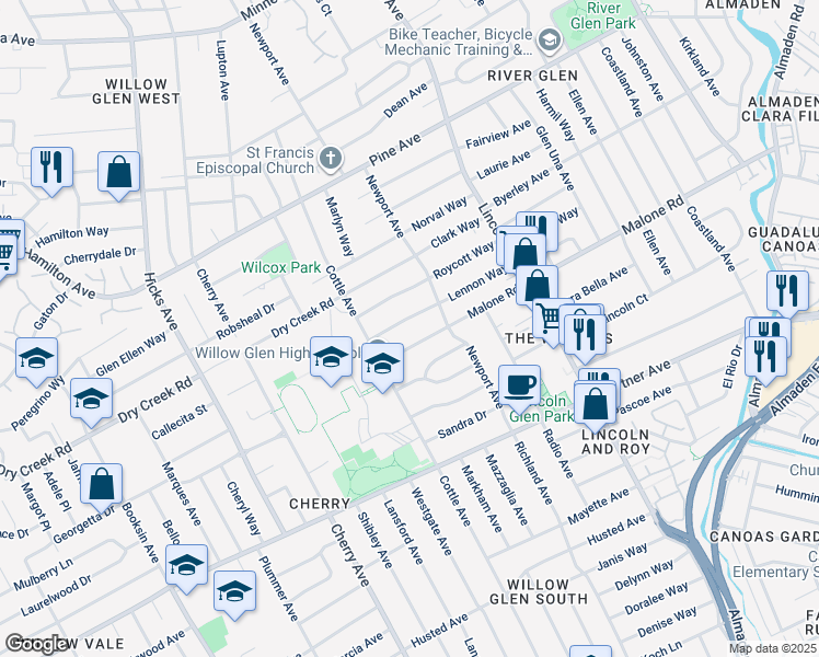 map of restaurants, bars, coffee shops, grocery stores, and more near 1248 Malone Road in San Jose