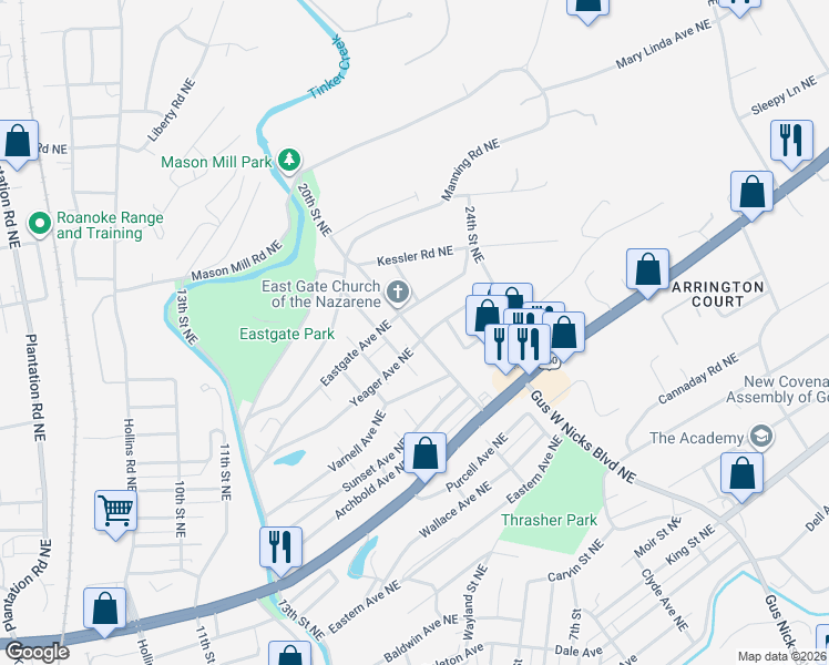 map of restaurants, bars, coffee shops, grocery stores, and more near 1536 20th Street Northeast in Roanoke