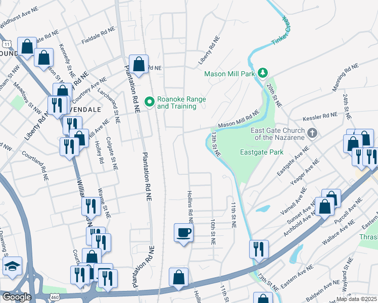 map of restaurants, bars, coffee shops, grocery stores, and more near 2121 Hollins Road Northeast in Roanoke