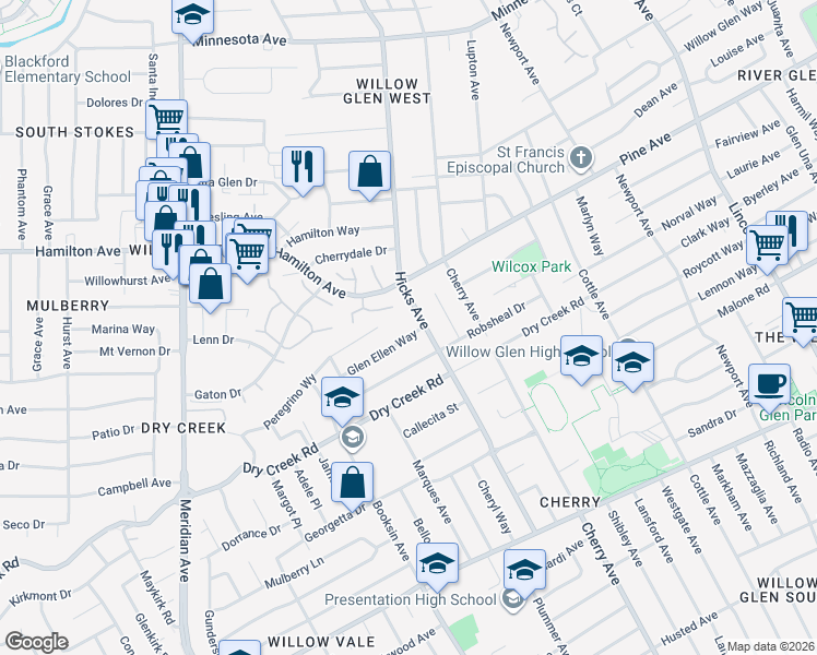 map of restaurants, bars, coffee shops, grocery stores, and more near 1415 Glen Ellen Way in San Jose