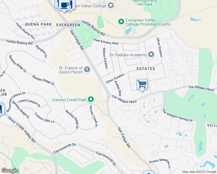 map of restaurants, bars, coffee shops, grocery stores, and more near 5213 Silvercrest Ridge Court in San Jose