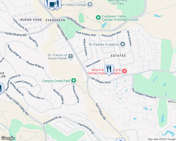 map of restaurants, bars, coffee shops, grocery stores, and more near 5213 Silvercrest Ridge Court in San Jose