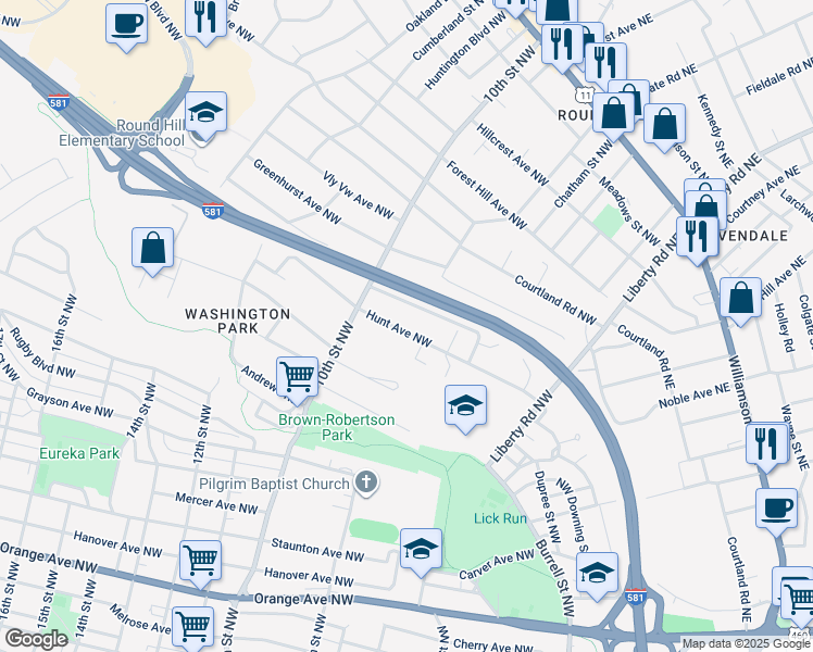 map of restaurants, bars, coffee shops, grocery stores, and more near 921 Hunt Avenue Northwest in Roanoke