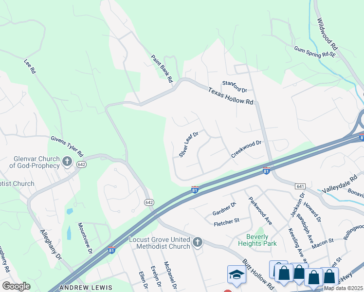 map of restaurants, bars, coffee shops, grocery stores, and more near 2856 Silver Leaf Drive in Salem