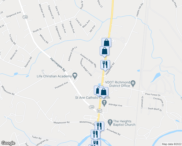 map of restaurants, bars, coffee shops, grocery stores, and more near 2702 Amherst Ridge Loop in Chesterfield County