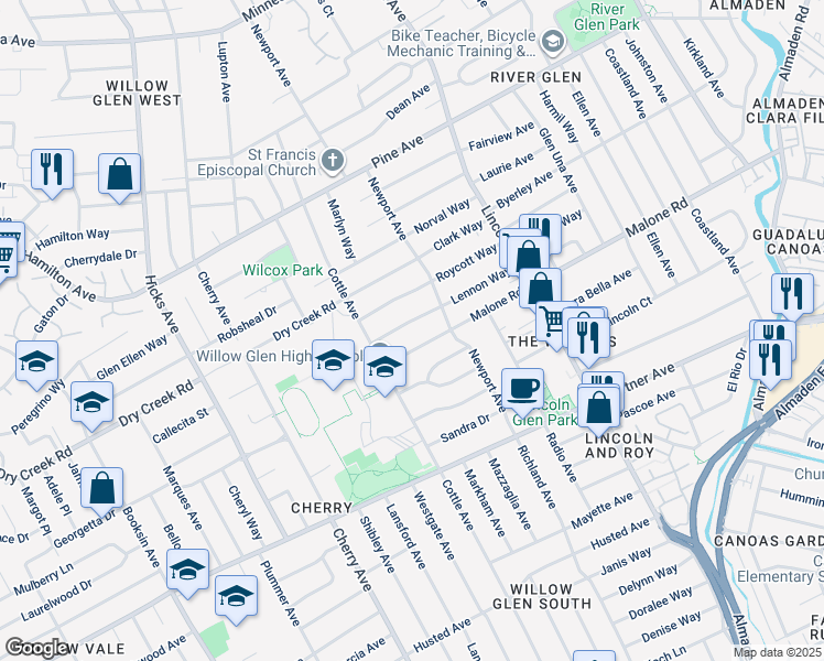 map of restaurants, bars, coffee shops, grocery stores, and more near 1248 Malone Road in San Jose