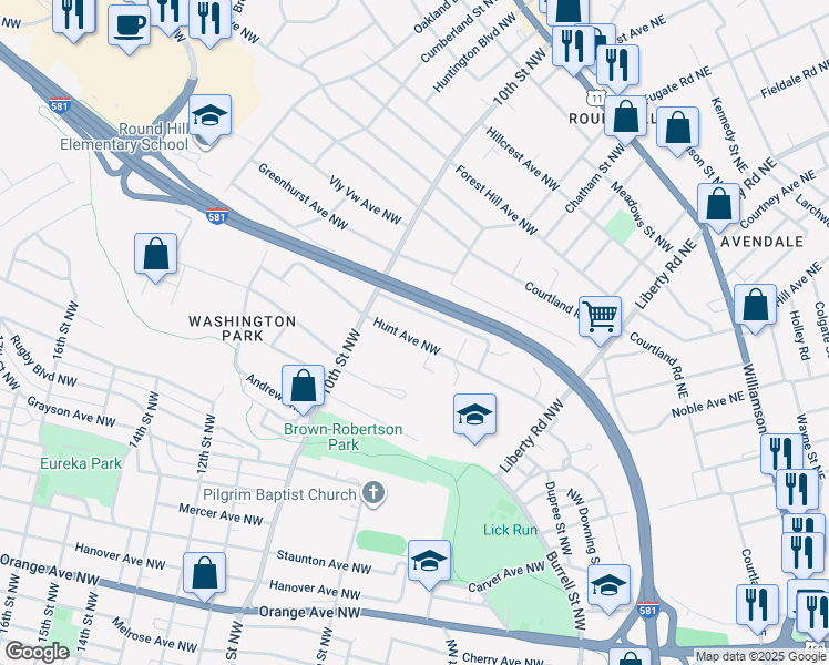 map of restaurants, bars, coffee shops, grocery stores, and more near 921 Hunt Avenue Northwest in Roanoke