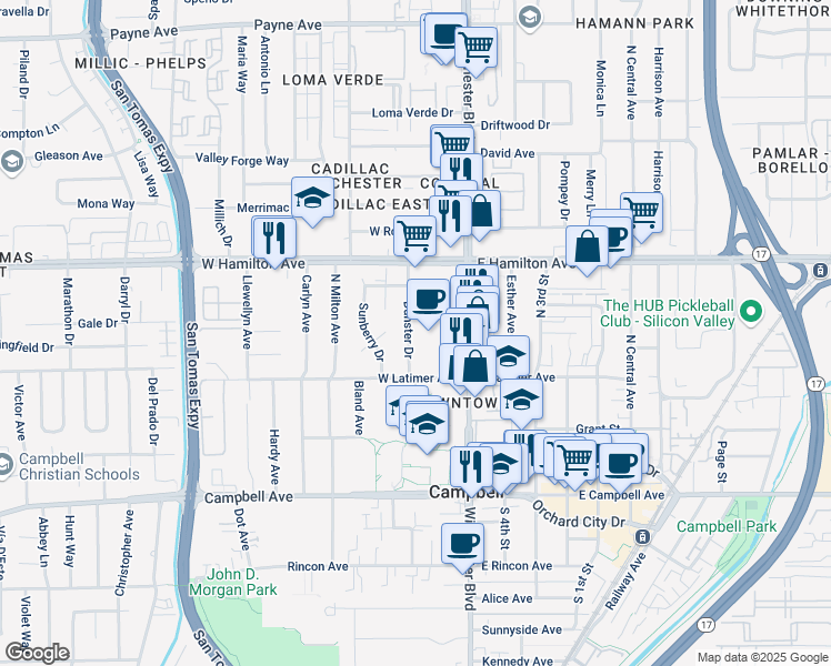 map of restaurants, bars, coffee shops, grocery stores, and more near 350 Dunster Drive in Campbell
