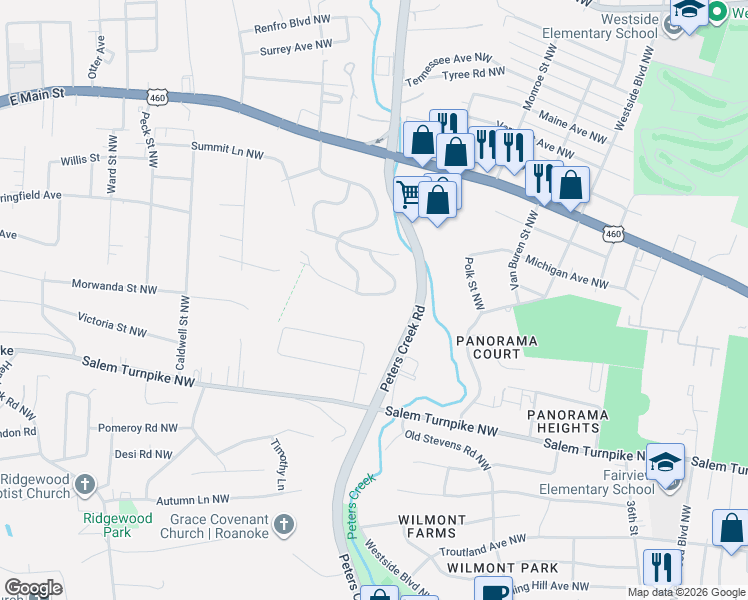 map of restaurants, bars, coffee shops, grocery stores, and more near 4472 Stonewall Road Northwest in Roanoke