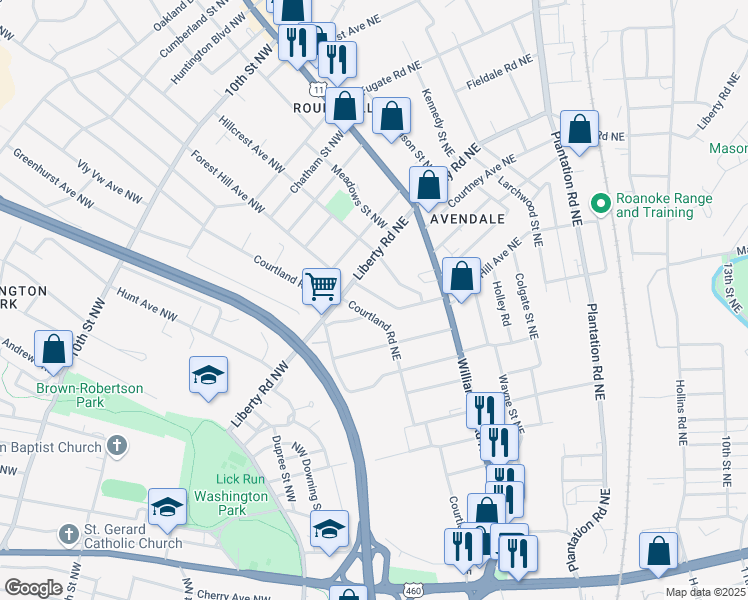 map of restaurants, bars, coffee shops, grocery stores, and more near 27 Forest Hill Avenue Northeast in Roanoke