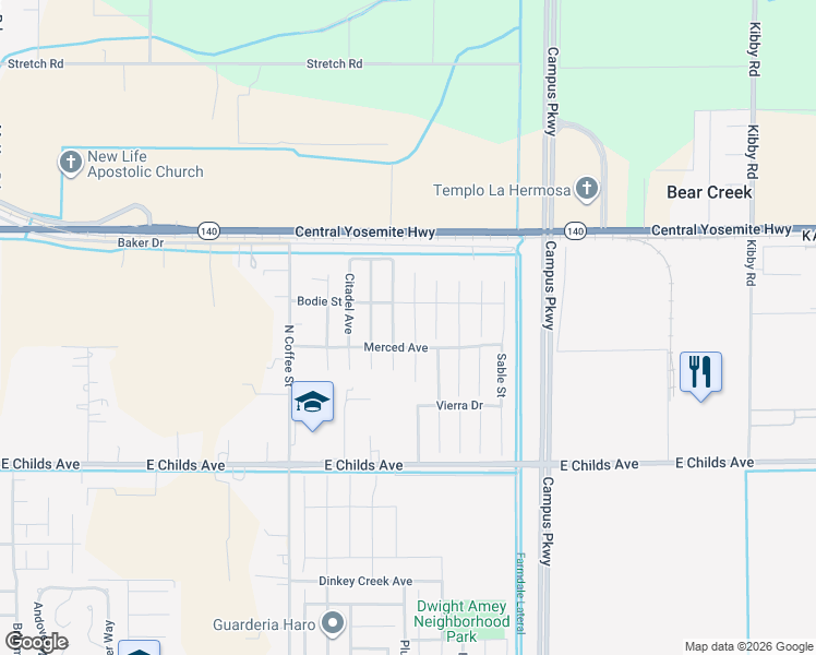map of restaurants, bars, coffee shops, grocery stores, and more near 208 Ostrander Avenue in Merced
