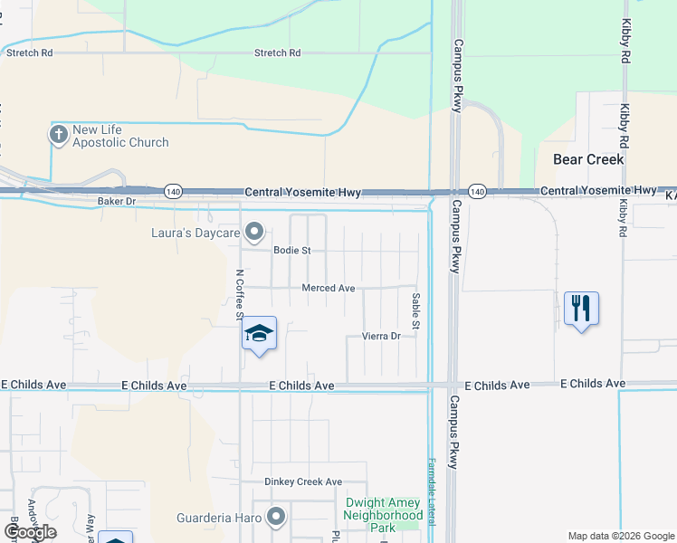 map of restaurants, bars, coffee shops, grocery stores, and more near 249 Dylan Street in Merced