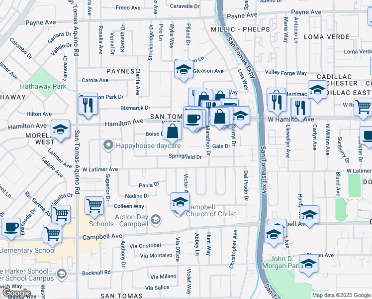 map of restaurants, bars, coffee shops, grocery stores, and more near 990 Gale Drive in Campbell