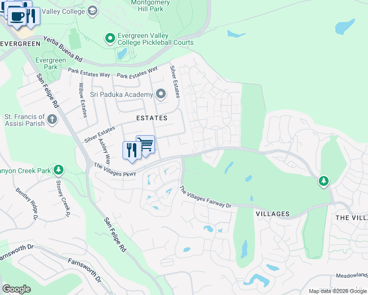 map of restaurants, bars, coffee shops, grocery stores, and more near 5383 King Estates Court in San Jose
