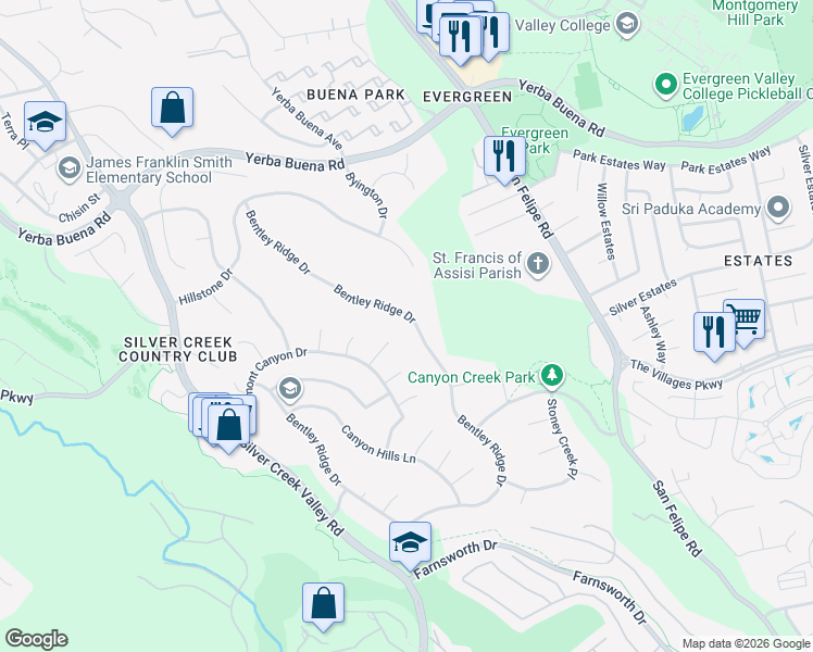 map of restaurants, bars, coffee shops, grocery stores, and more near 2202 Foxtail Court in San Jose