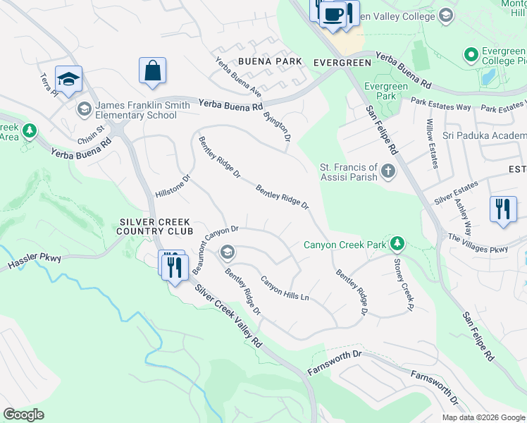 map of restaurants, bars, coffee shops, grocery stores, and more near 5338 Beaumont Canyon Drive in San Jose