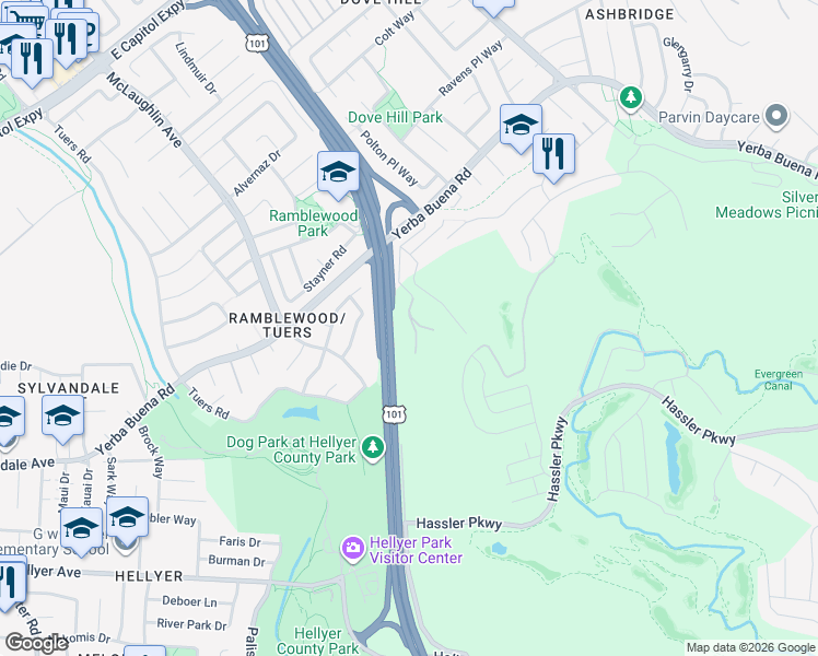 map of restaurants, bars, coffee shops, grocery stores, and more near 3814 Dove Hill Rd in San Jose