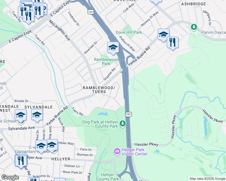 map of restaurants, bars, coffee shops, grocery stores, and more near 1202 Clayburn Lane in San Jose