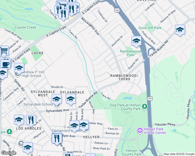 map of restaurants, bars, coffee shops, grocery stores, and more near 1008 Kitchener Circle in San Jose
