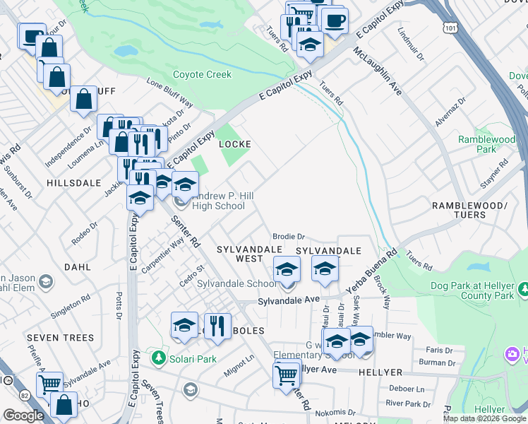 map of restaurants, bars, coffee shops, grocery stores, and more near 3422 Brodie Drive in San Jose
