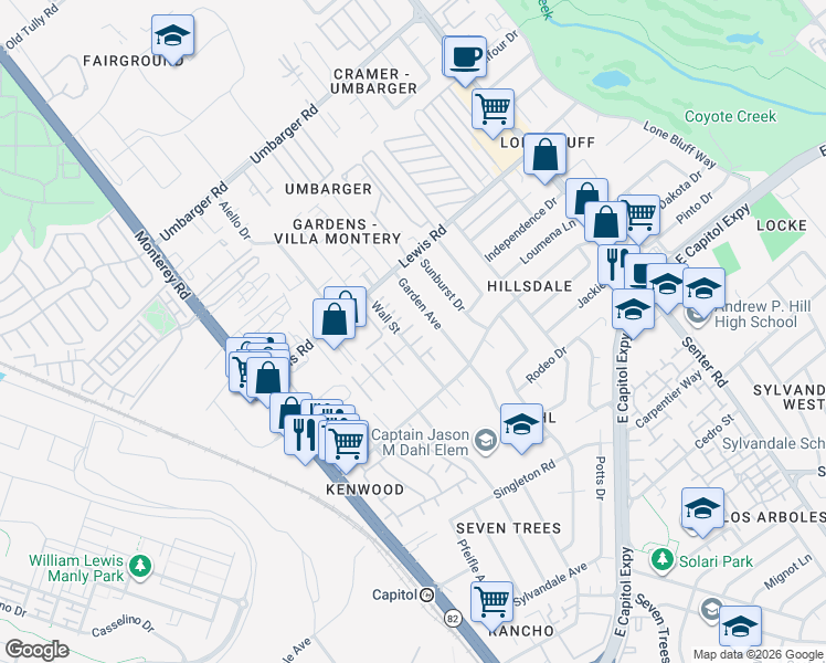 map of restaurants, bars, coffee shops, grocery stores, and more near 261 Nuria Place in San Jose
