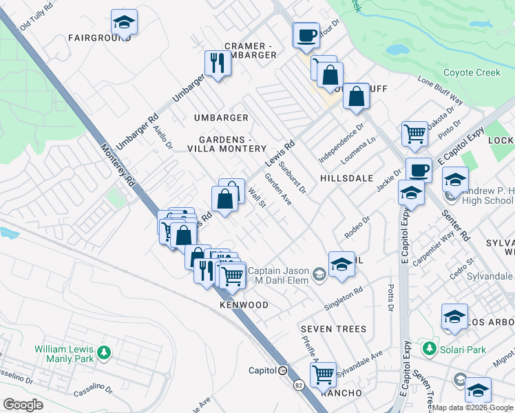 map of restaurants, bars, coffee shops, grocery stores, and more near 2982 Angeloni Place in San Jose