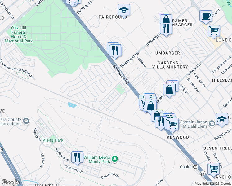 map of restaurants, bars, coffee shops, grocery stores, and more near 61 Montecito Vista Drive in San Jose