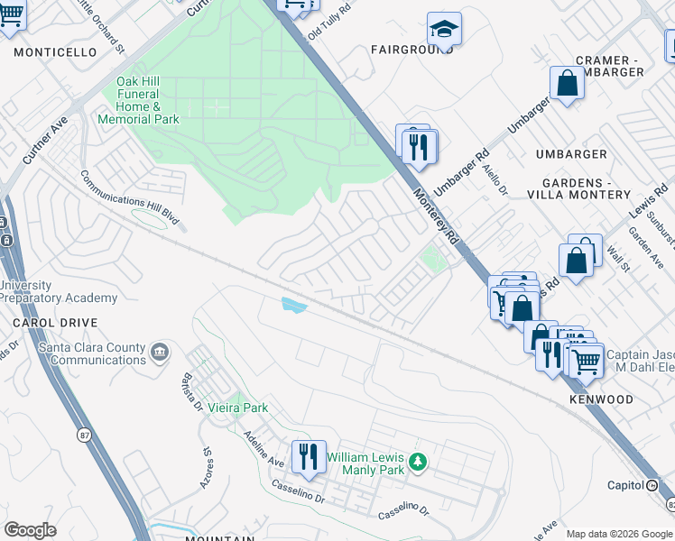 map of restaurants, bars, coffee shops, grocery stores, and more near 337 Esfahan Drive in San Jose