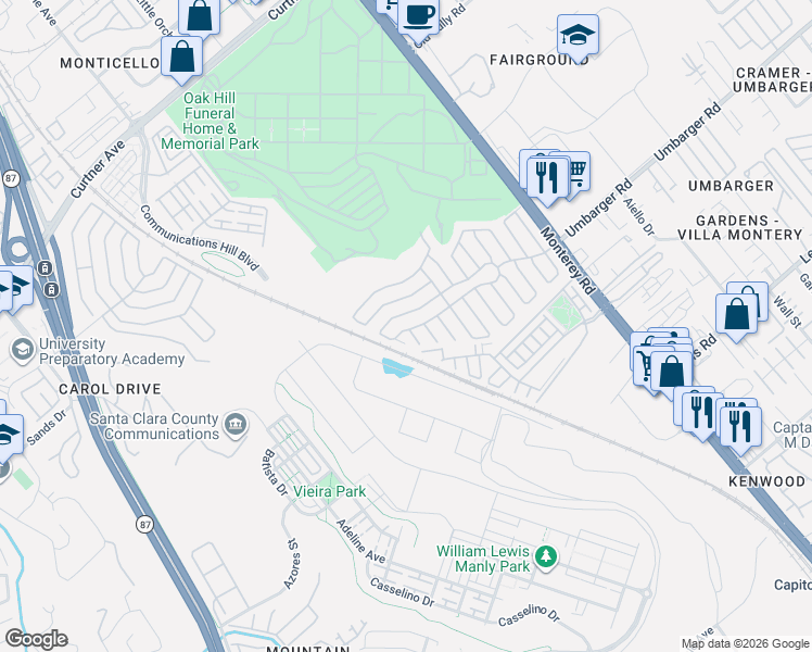 map of restaurants, bars, coffee shops, grocery stores, and more near 327 Chateau La Salle Drive in San Jose