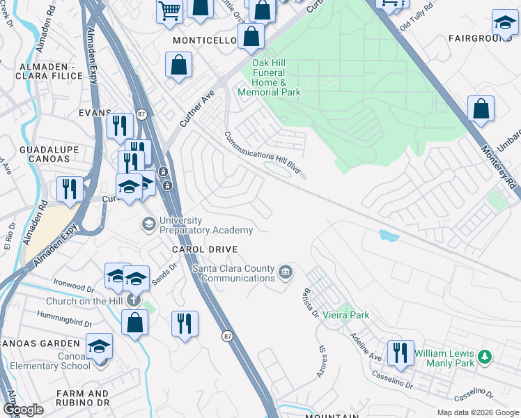 map of restaurants, bars, coffee shops, grocery stores, and more near 326 Mill Pond Drive in San Jose
