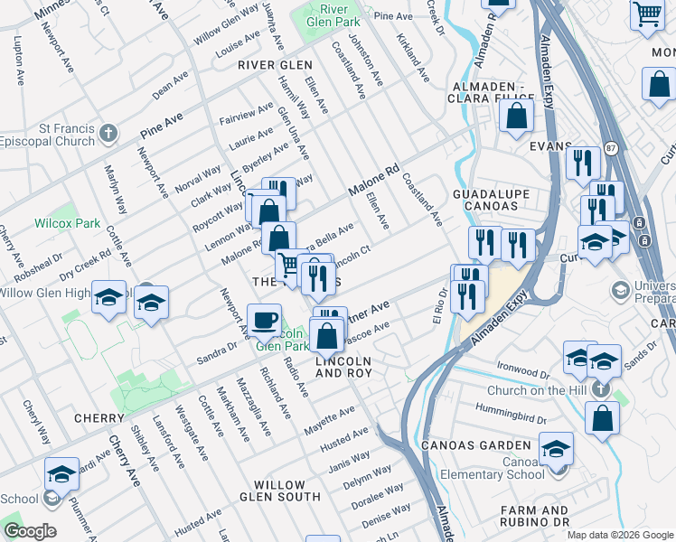 map of restaurants, bars, coffee shops, grocery stores, and more near 1043 Franquette Avenue in San Jose