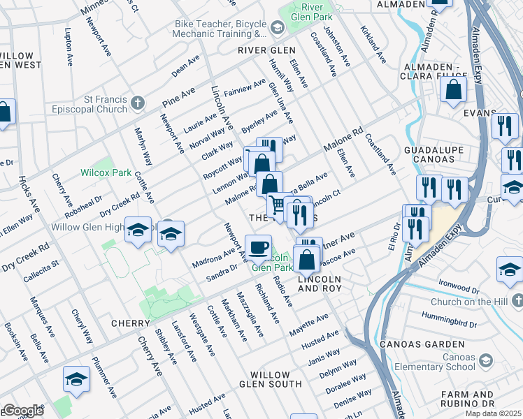 map of restaurants, bars, coffee shops, grocery stores, and more near 1121 Lincoln Court in San Jose