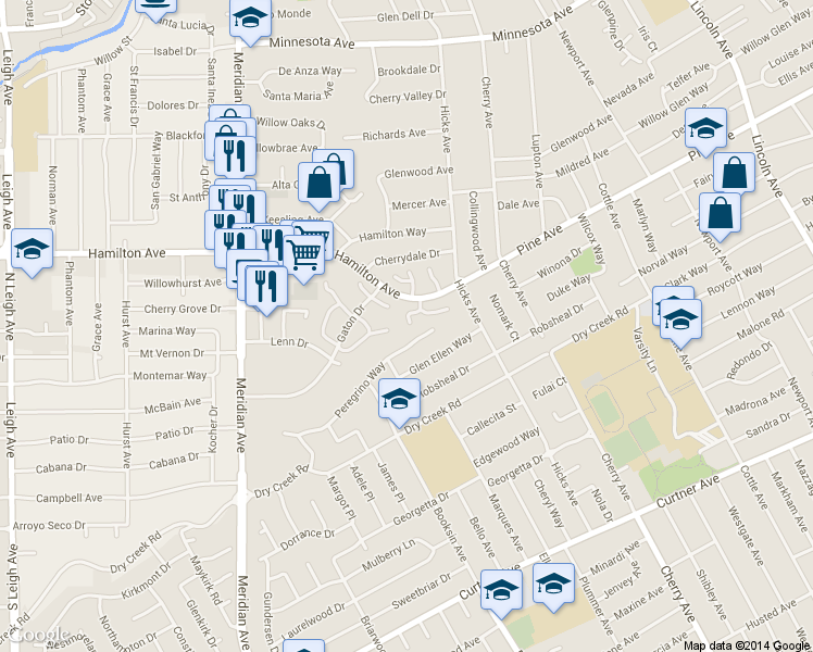 map of restaurants, bars, coffee shops, grocery stores, and more near 1544 Peregrino Way in San Jose
