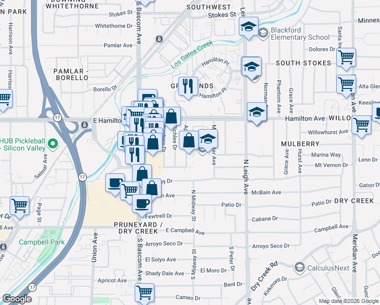 map of restaurants, bars, coffee shops, grocery stores, and more near 314 April Way in Campbell