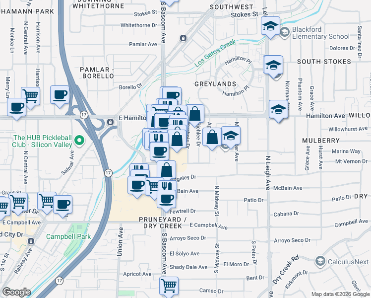 map of restaurants, bars, coffee shops, grocery stores, and more near 1740 South Bascom Avenue in Campbell
