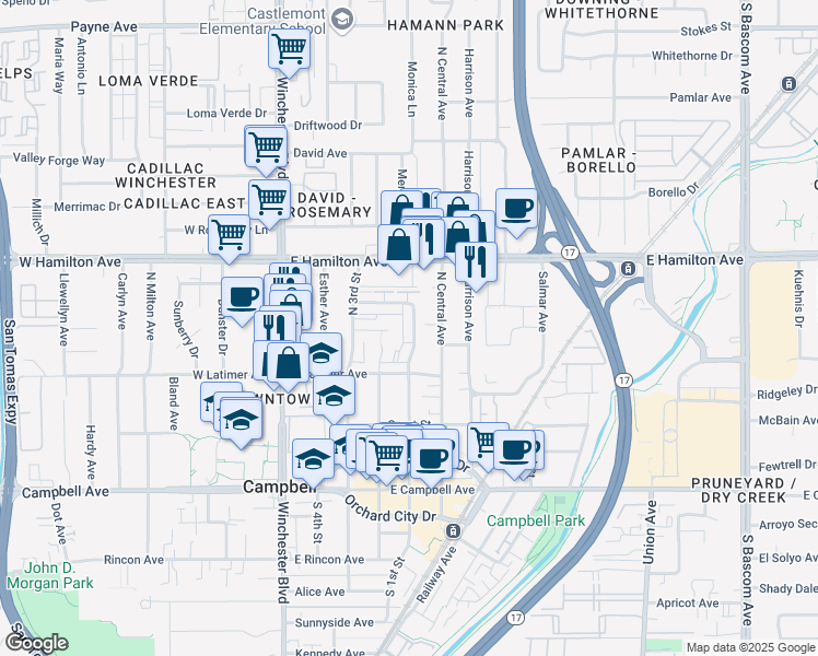 map of restaurants, bars, coffee shops, grocery stores, and more near 312 North 2nd Street in Campbell