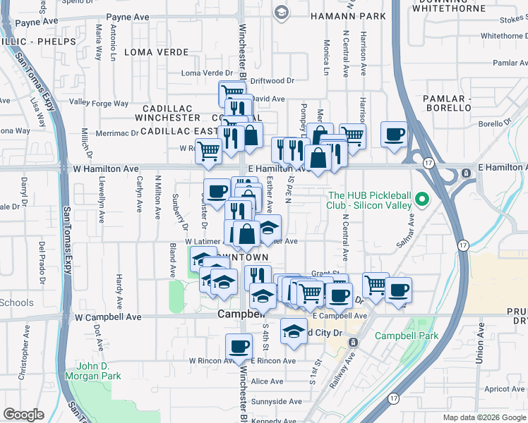 map of restaurants, bars, coffee shops, grocery stores, and more near 293 Esther Avenue in Campbell