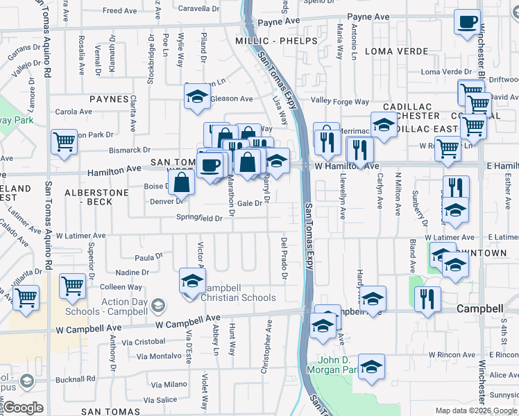 map of restaurants, bars, coffee shops, grocery stores, and more near 826 Springfield Drive in Campbell
