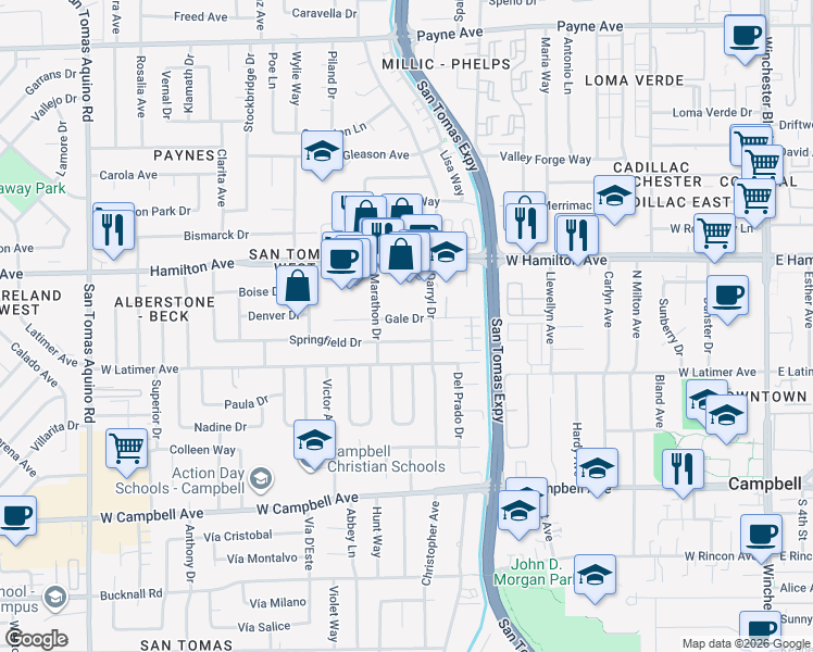 map of restaurants, bars, coffee shops, grocery stores, and more near 826 Springfield Drive in Campbell