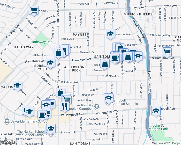 map of restaurants, bars, coffee shops, grocery stores, and more near 3920 Springfield Drive in San Jose