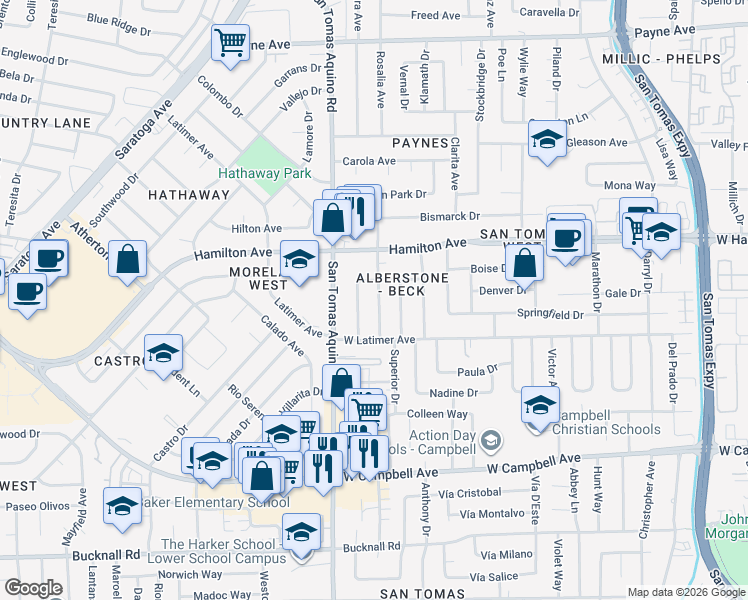 map of restaurants, bars, coffee shops, grocery stores, and more near 1718 Cassiar Drive in San Jose