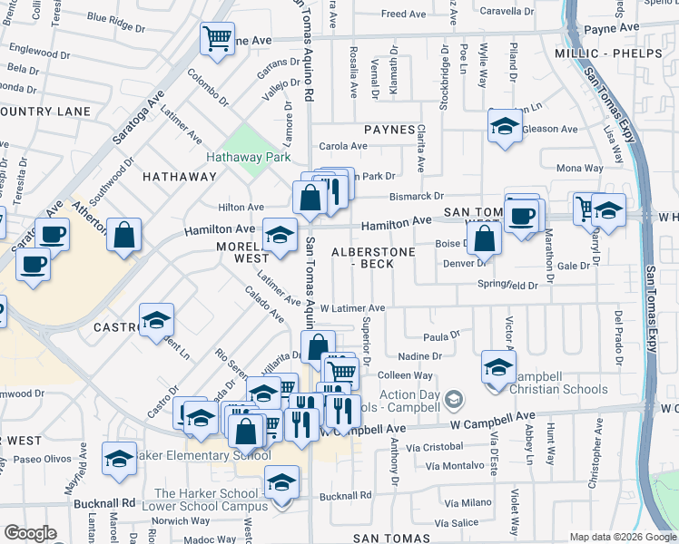 map of restaurants, bars, coffee shops, grocery stores, and more near 1718 Cassiar Drive in San Jose