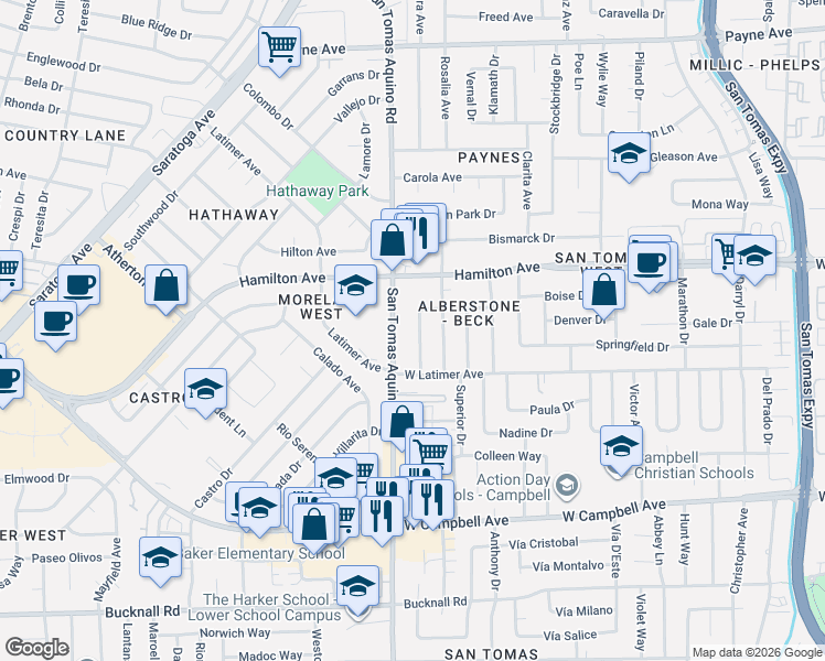 map of restaurants, bars, coffee shops, grocery stores, and more near 1718 Cassiar Drive in San Jose