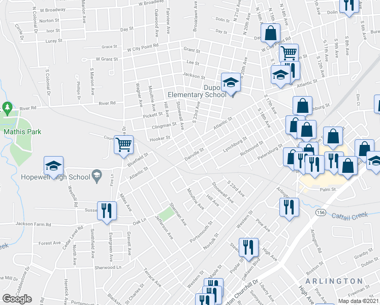 map of restaurants, bars, coffee shops, grocery stores, and more near 2408 Danville Street in Hopewell